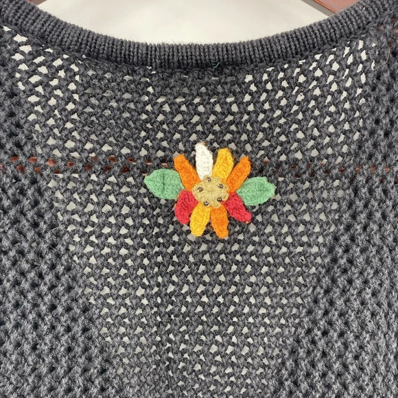 Vintage Cardigan Vest Womens LP Black Floral Grandma Ramie Cotton Knit 80s - Picture 9 of 13